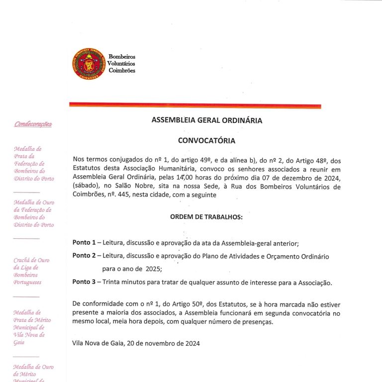 Convocatória para Assembleia Geral Ordinária – Dia 07/12/2024 – 12H00