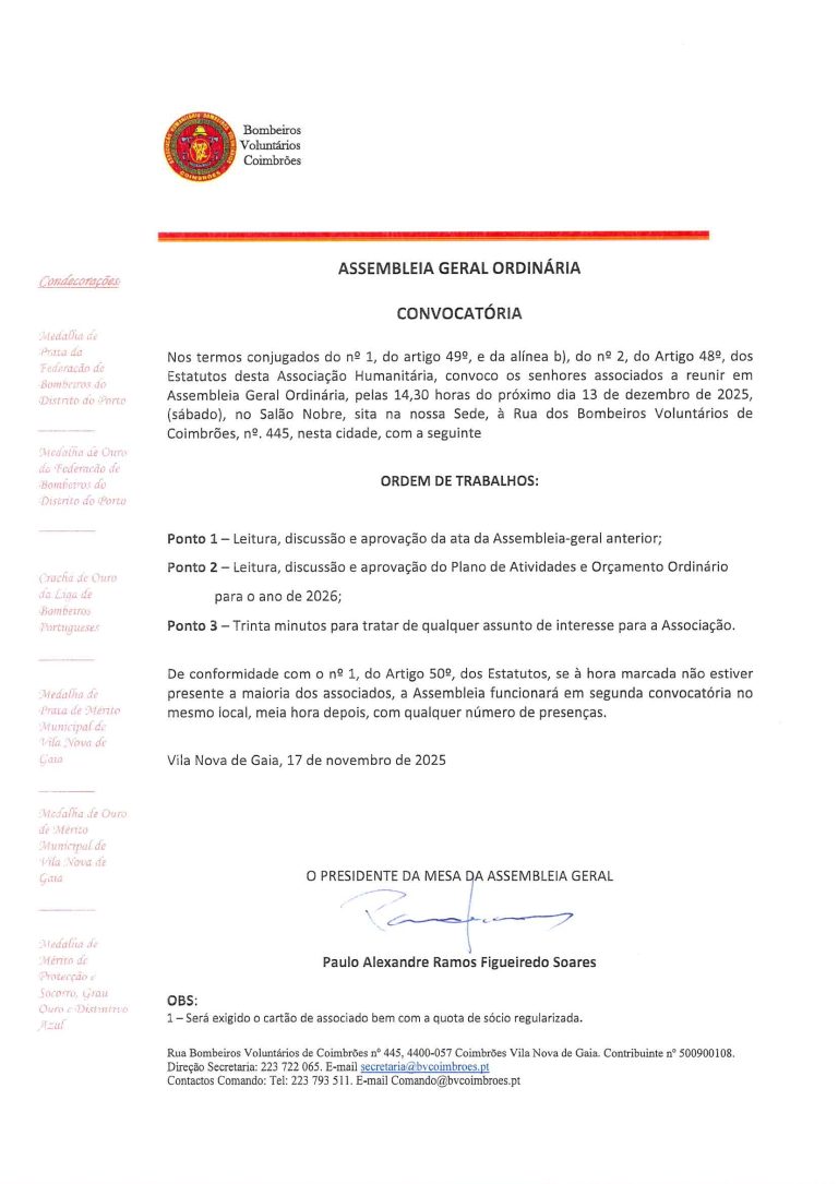 Convocatória para Assembleia Geral Ordinária – Dia 13/12/2025 – 14H30